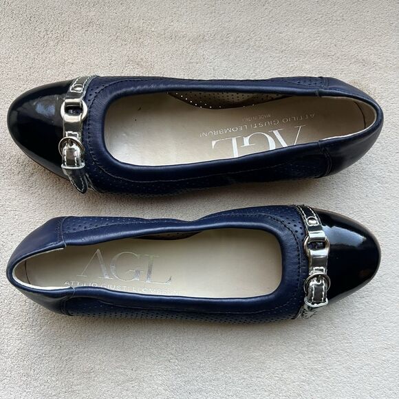 AGL Attilio Giusti Leombruni Navy Blue Ballet Flat Black Patent Cap Toe 36/5.5-6 - Picture 1 of 16